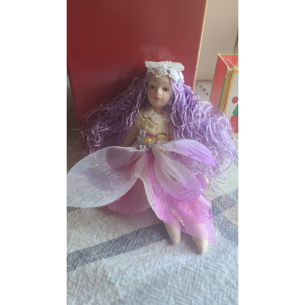 Vintage Style Porcelain Fairy Doll Purple Hair Pink Petal Tulle Dress Ornament